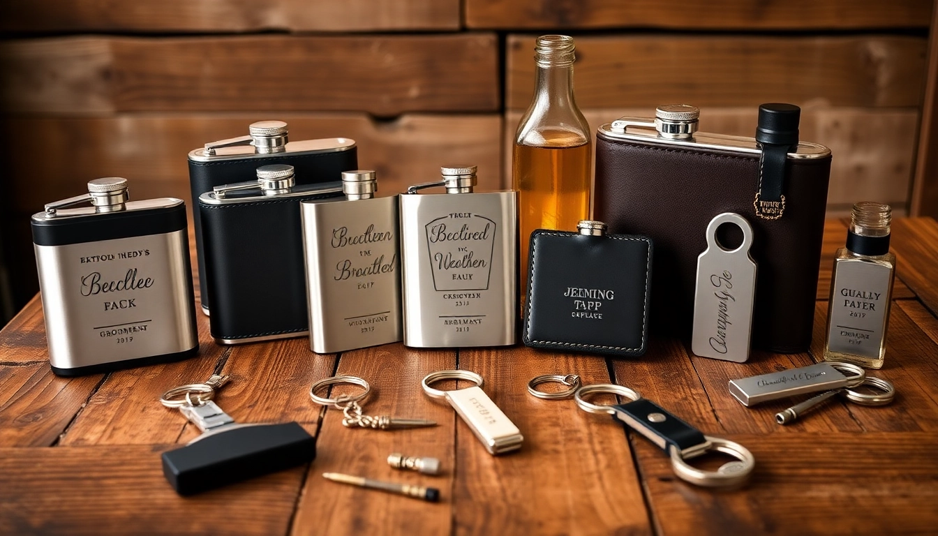 Showcase of cheap groomsmen gifts including personalized flasks and engraved keychains on a wooden table.