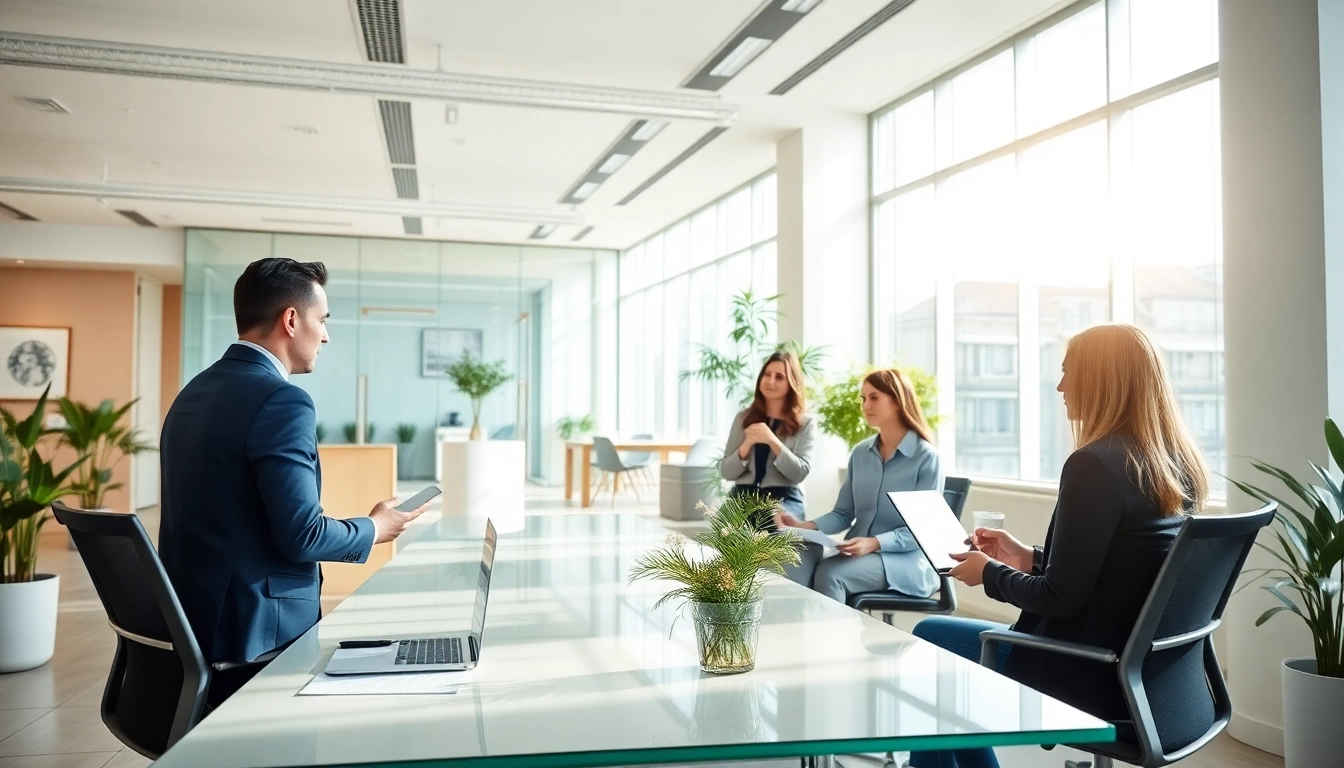 real estate management professionals collaborating in a modern office setting, showcasing teamwork and technology