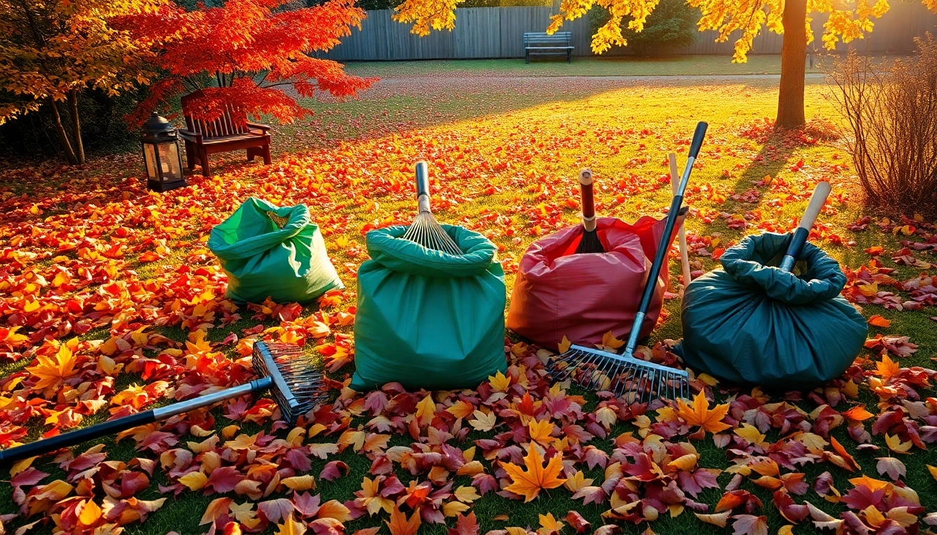 Fall clean up in progress with colorful leaves and clean-up tools in a sunny yard.