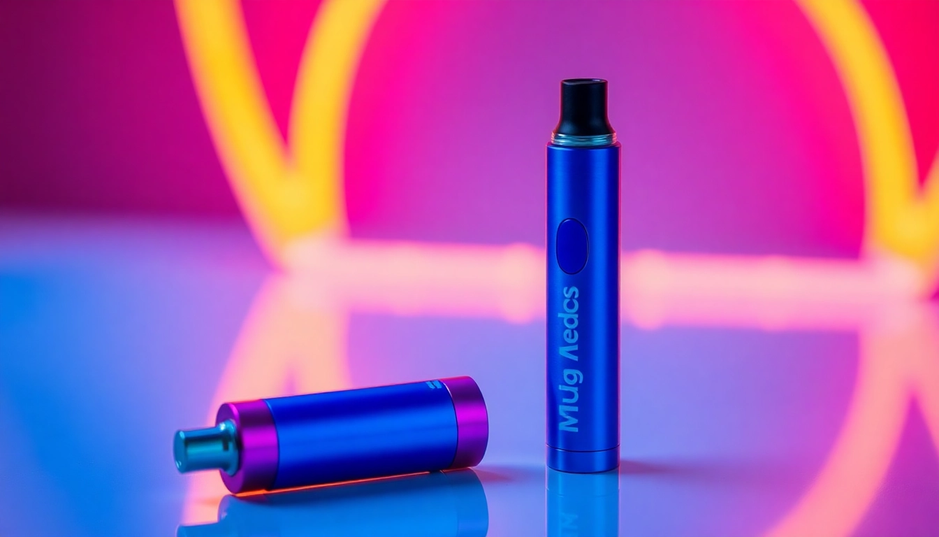 Buy Muha Meds 2g online: Stunning 2g Muha Meds disposable vape pen featured against a neon backdrop.