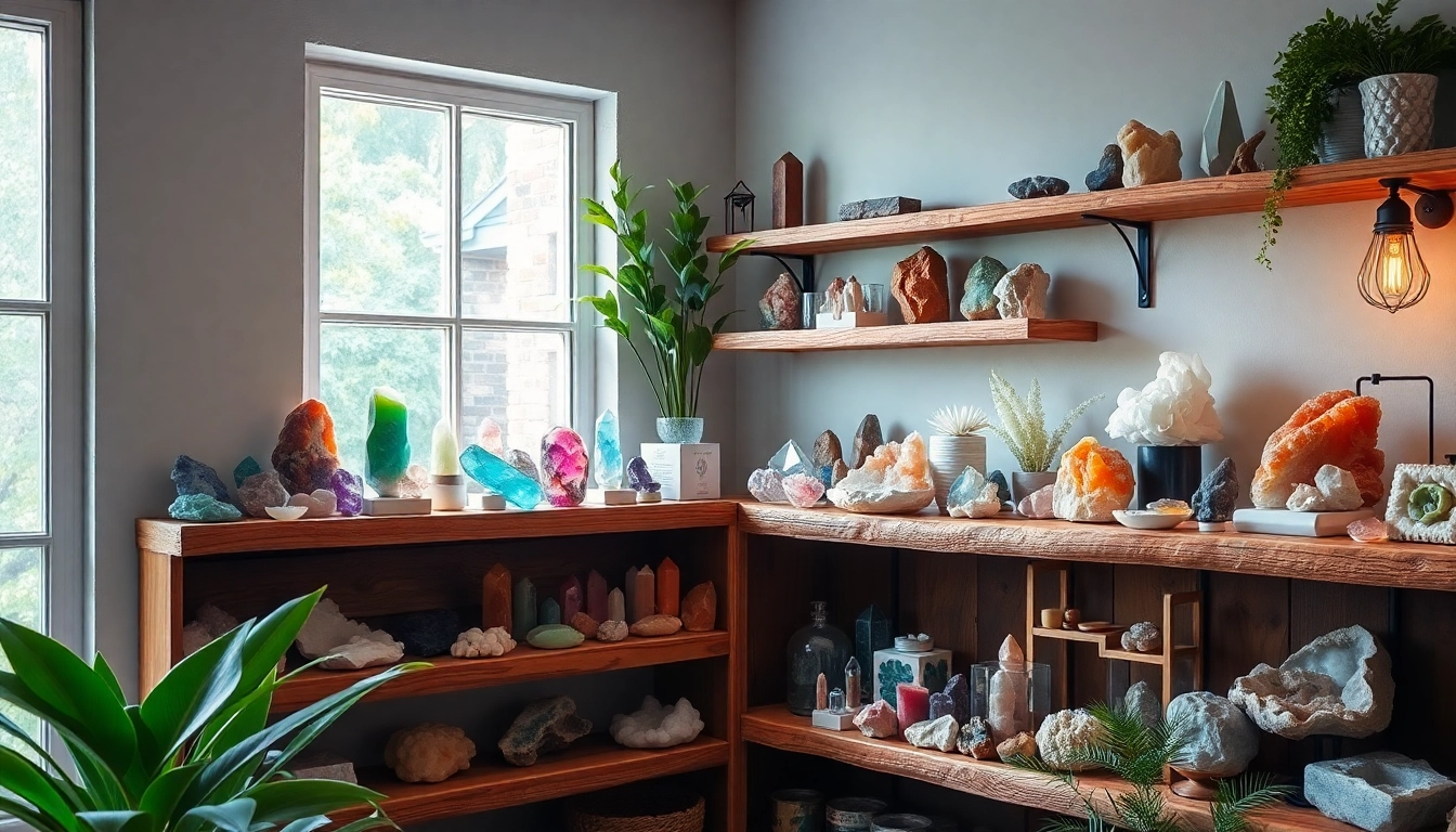 Buy crystals without prescription by browsing a beautifully arranged display of various healing crystals in a welcoming shop.