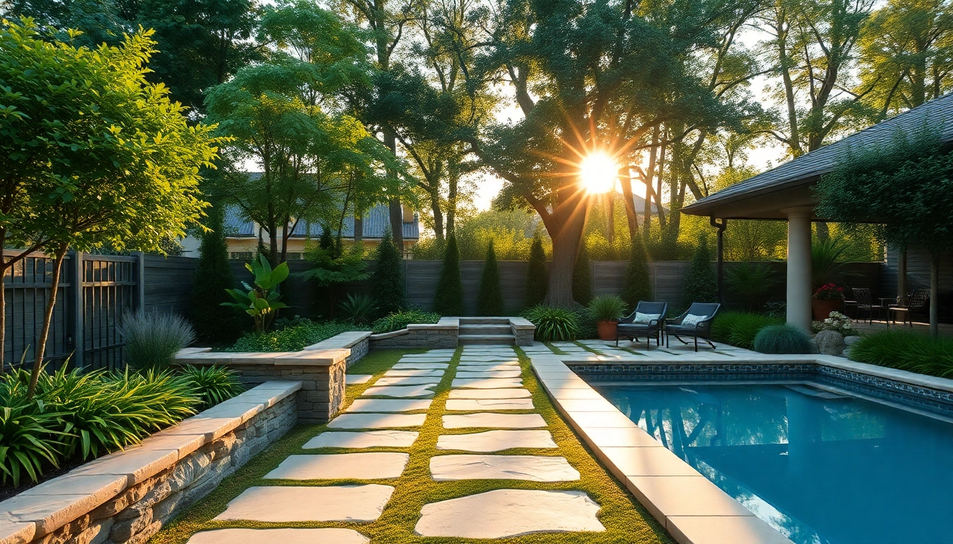 Transform your outdoor space with stunning Hardscapes & Pools, featuring lush landscaping and elegant stonework.