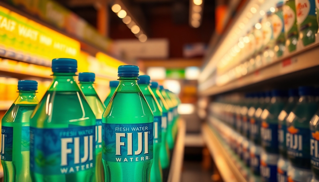 Fiji water bottles recalled due to contamination concerns are displayed on a shelf.