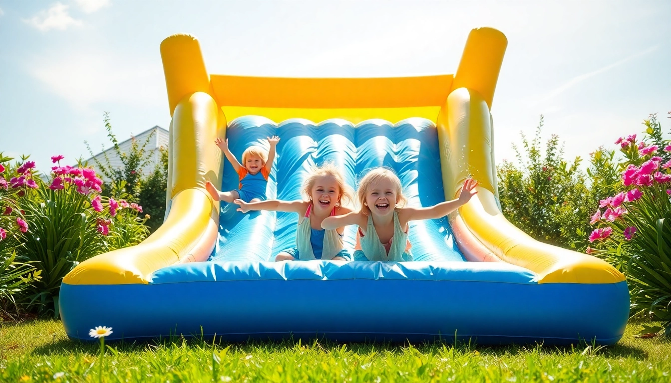 Kids enjoying an inflatable slip and slide on a sunny day, diving into summer fun and laughter.