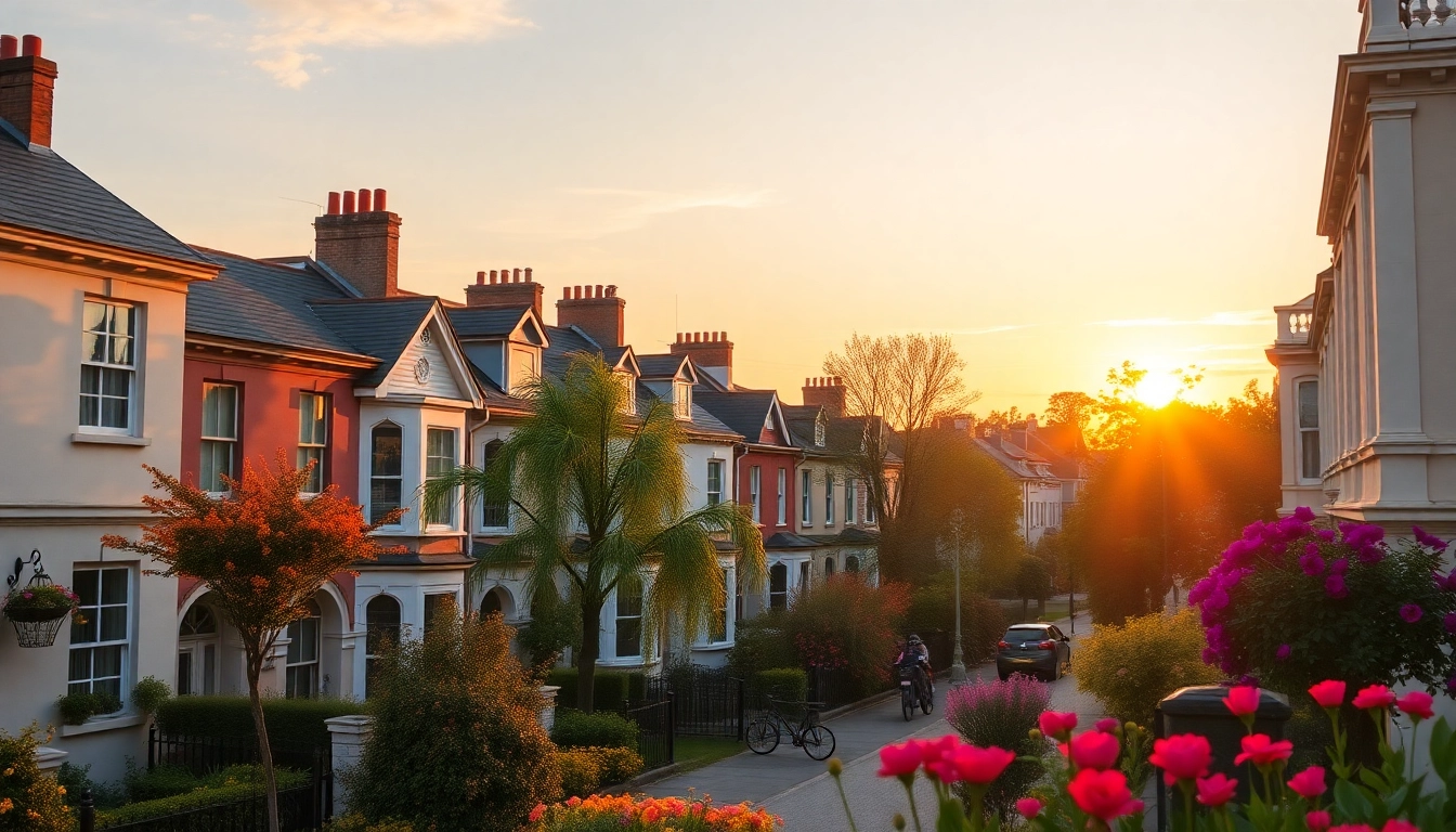 Strolling through Bloomsbury's picturesque streets adorned with blooming flowers at sunset.