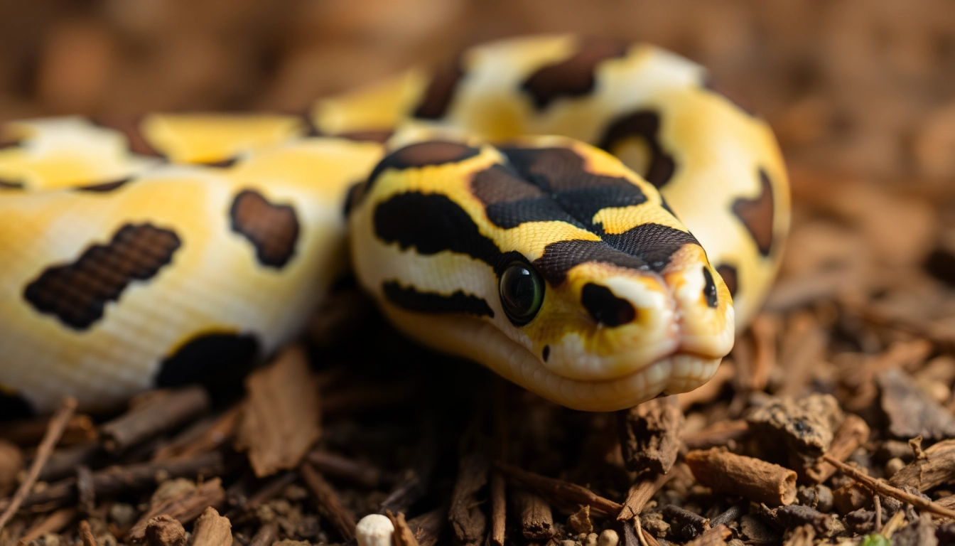 View a stunning panda pied ball python for sale showcasing vibrant patterns and colors in natural habitat.