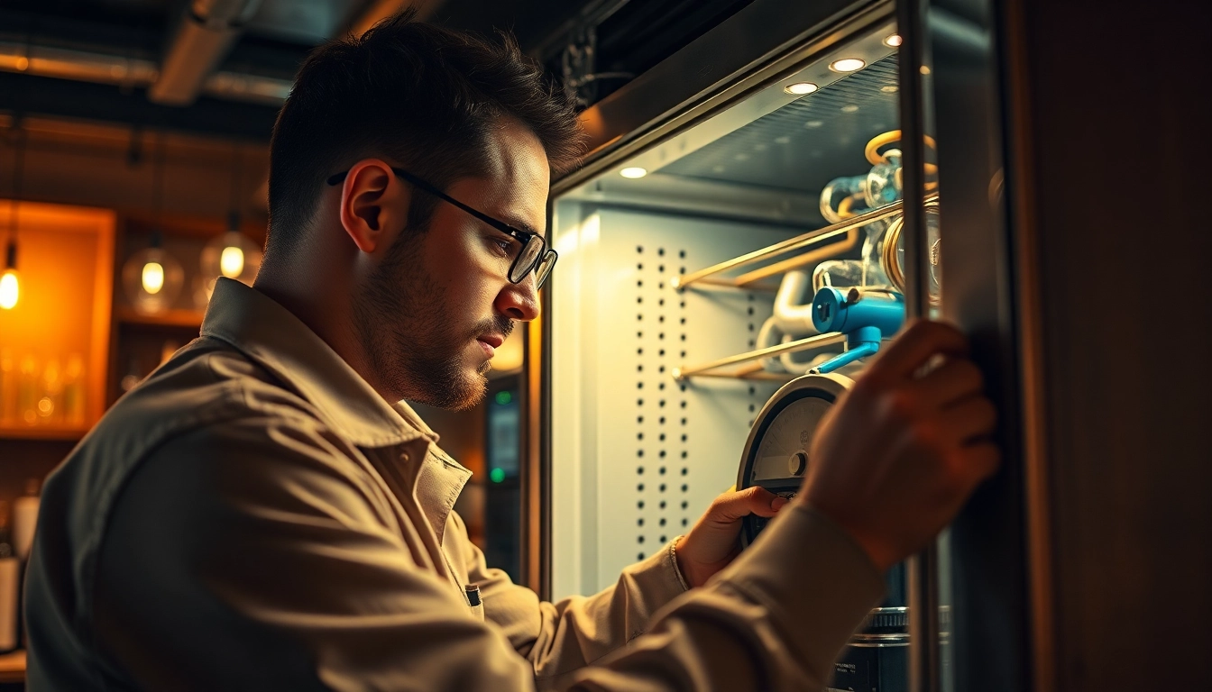 Expert performing bar refrigeration repair on a cooling unit in a bustling bar environment.