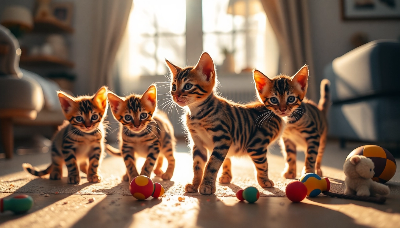 Playful registered Bengal breede kittens enjoying their toys in a sunlit room.