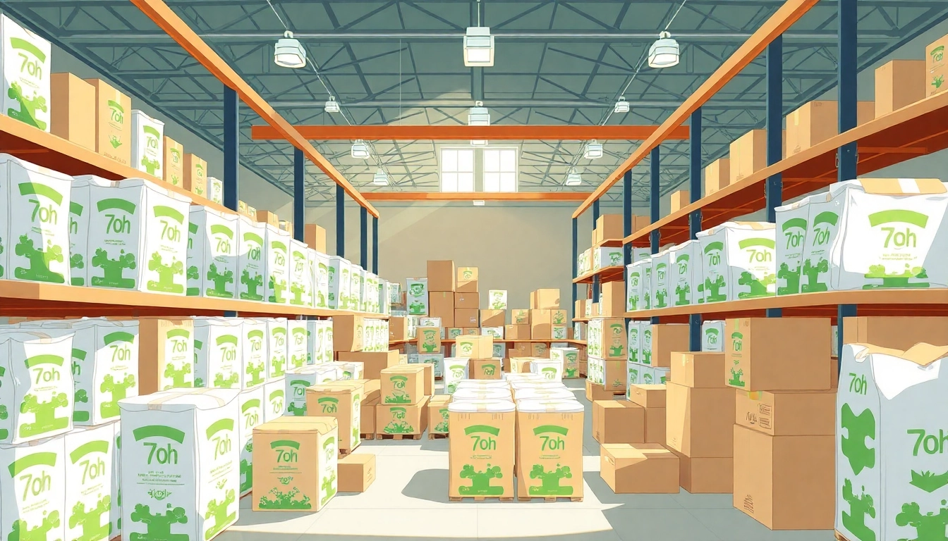 Showcase bulk 7oh products in an organized warehouse, emphasizing natural ingredients and professional layout.