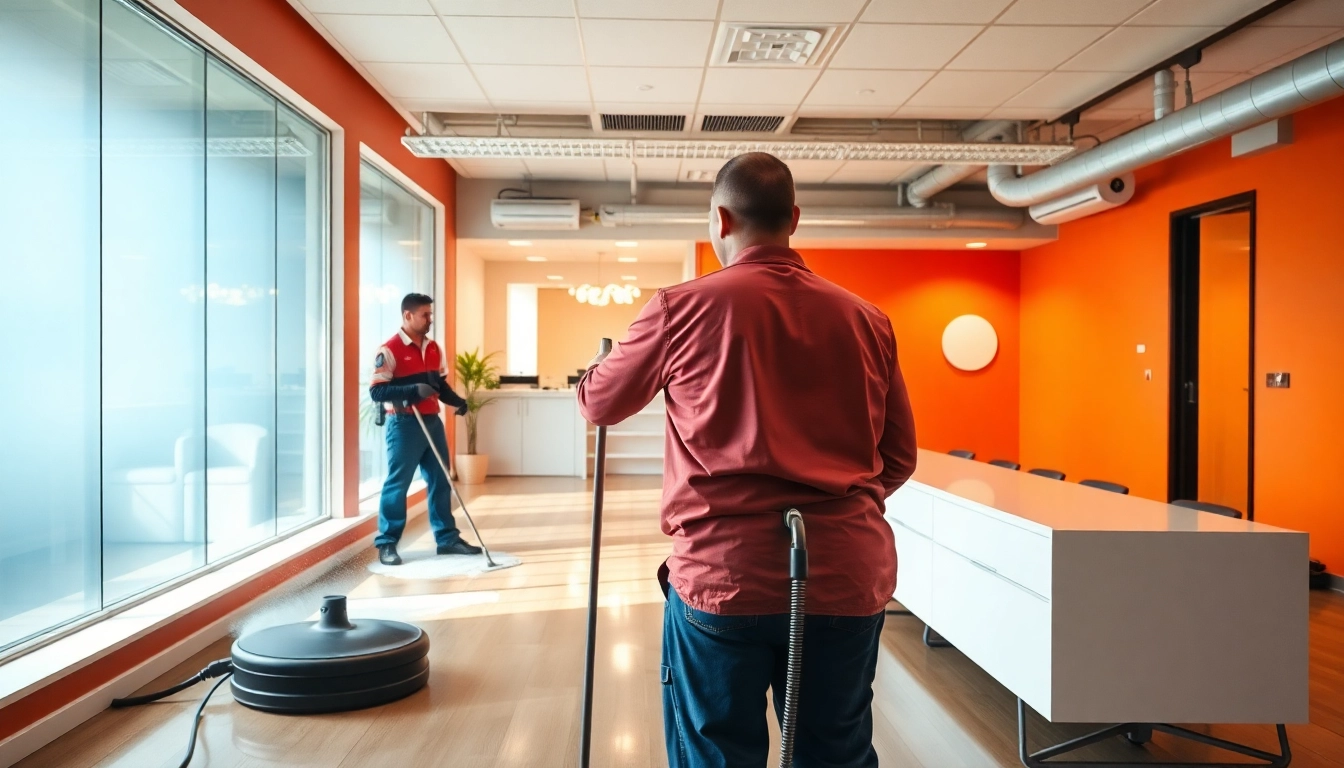 Professional team delivering Jacksonville commercial cleaning services in a gleaming office environment.