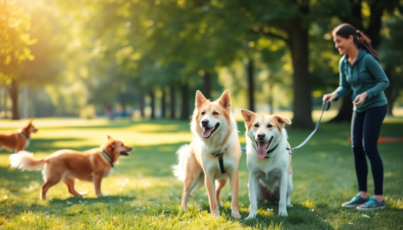 Engaged trainers at Kate's K9 Pet Care guide happy dogs during a training session in a sunny park.