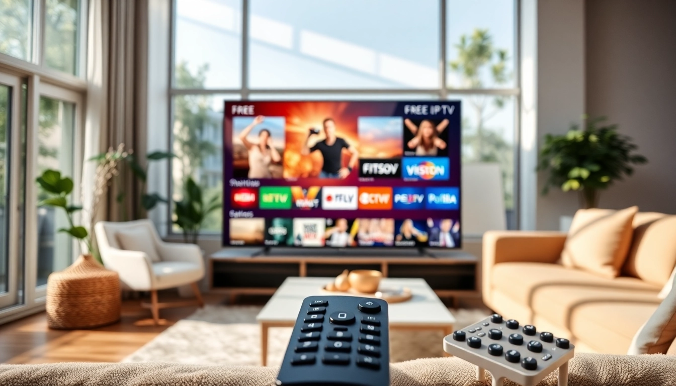 Experience a free trial iptv subscription with a user-friendly TV interface in a stylish living room setting.