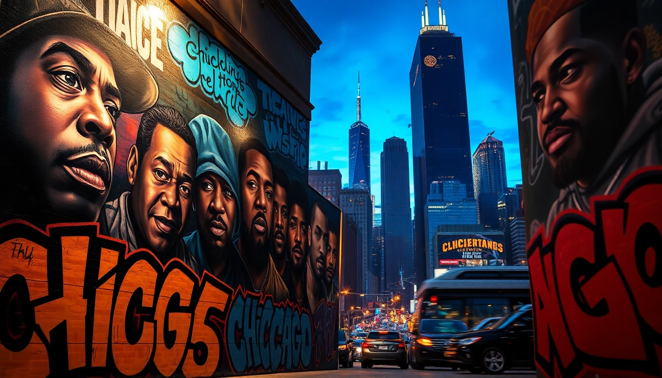 Explore Chicago rap lyrics through vibrant street art showcasing iconic artists and city landmarks.