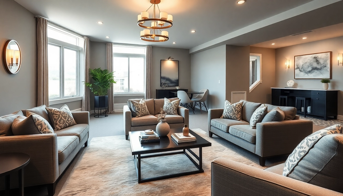 Cozy living area showcasing basement finishing utah with stylish furniture and natural light.