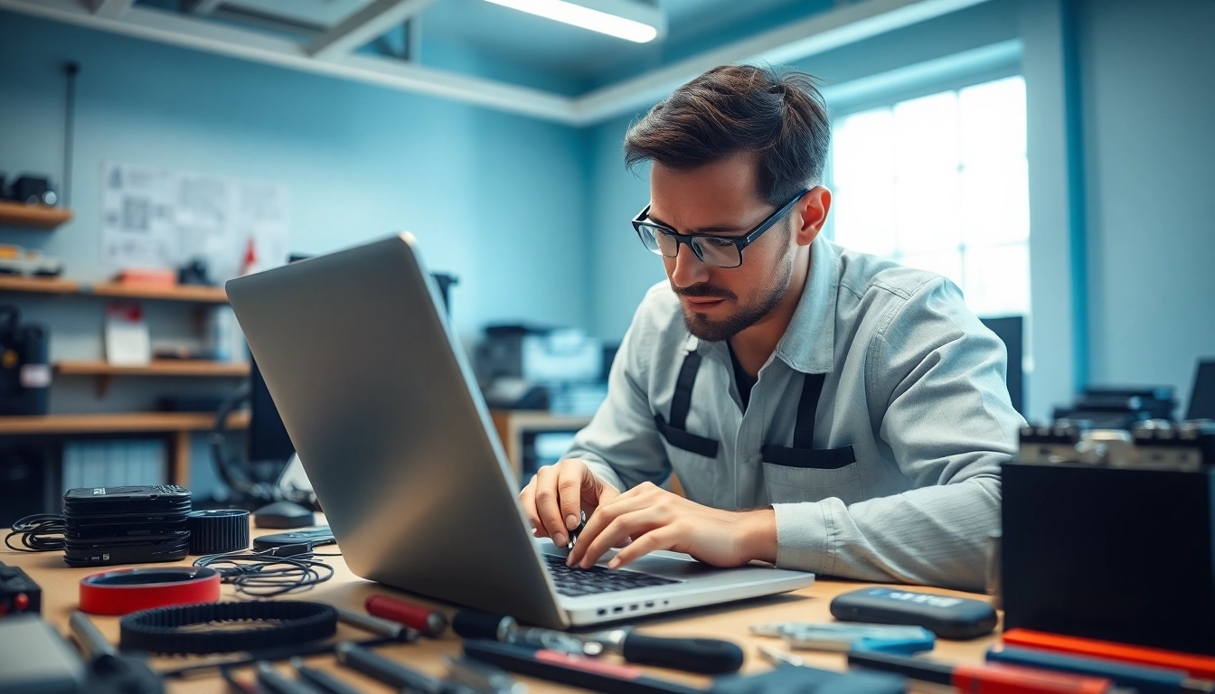 Riparazione computer torino con un tecnico al lavoro su un laptop in un negozio moderno di assistenza.