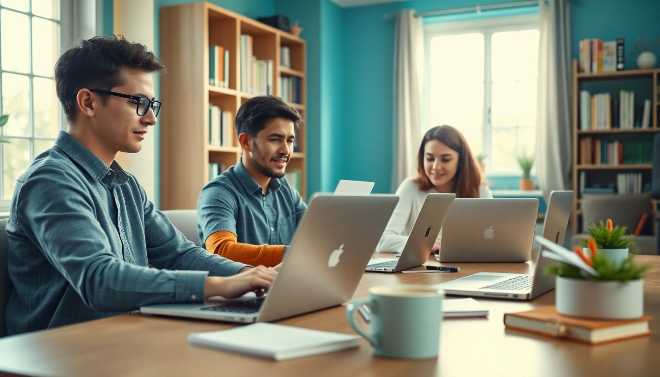 Engaged learners pursuing online university degrees from UK in a cozy home office.