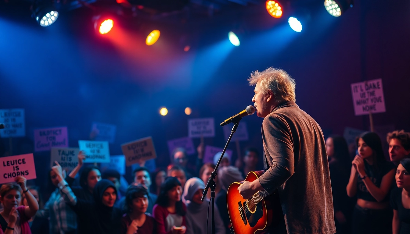 Conveying social commentary through a vibrant musical performance, spotlighting artist and audience engagement.