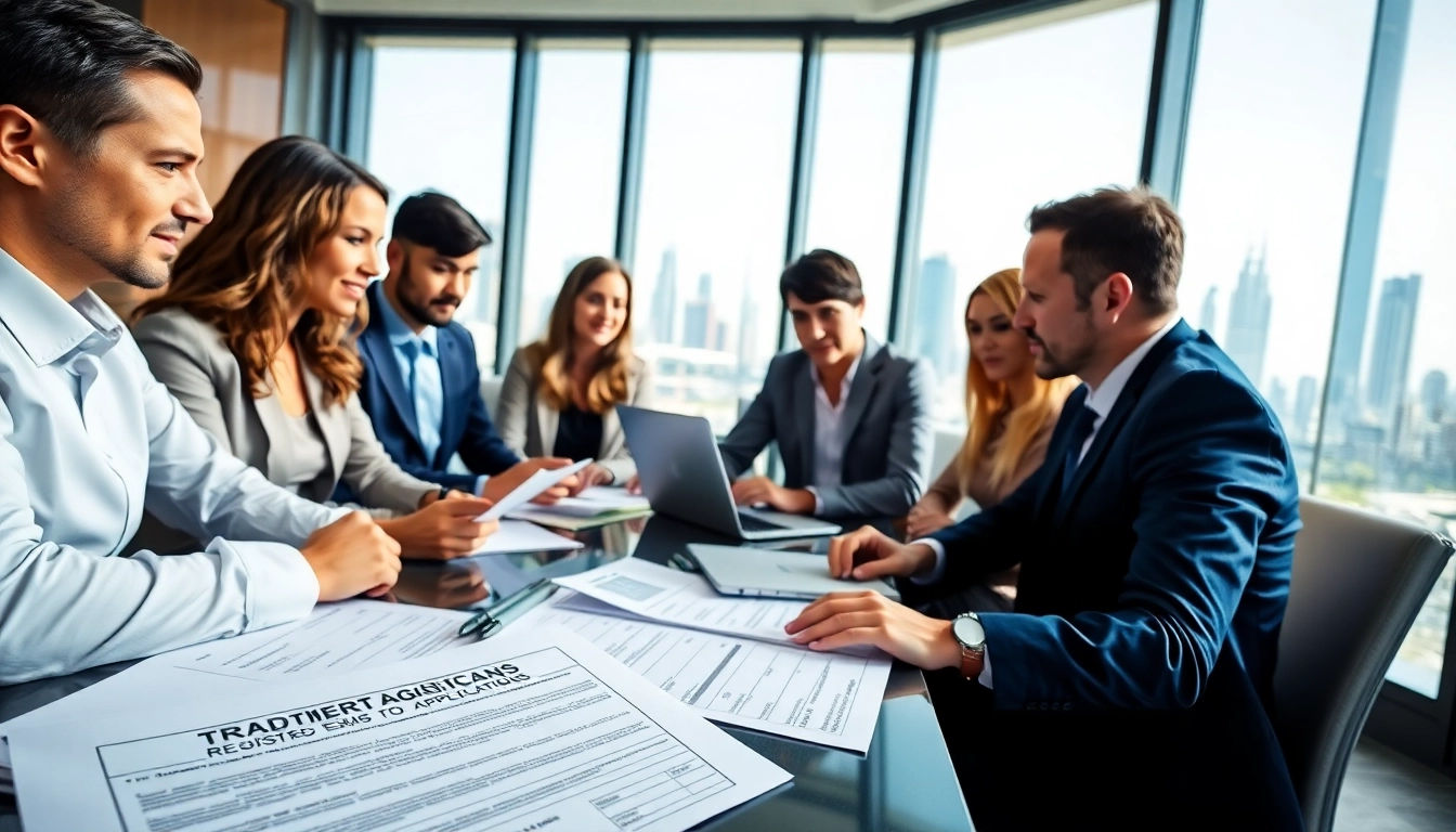 Discussing trademark registration in Dubai amid professionals in a modern office setting.