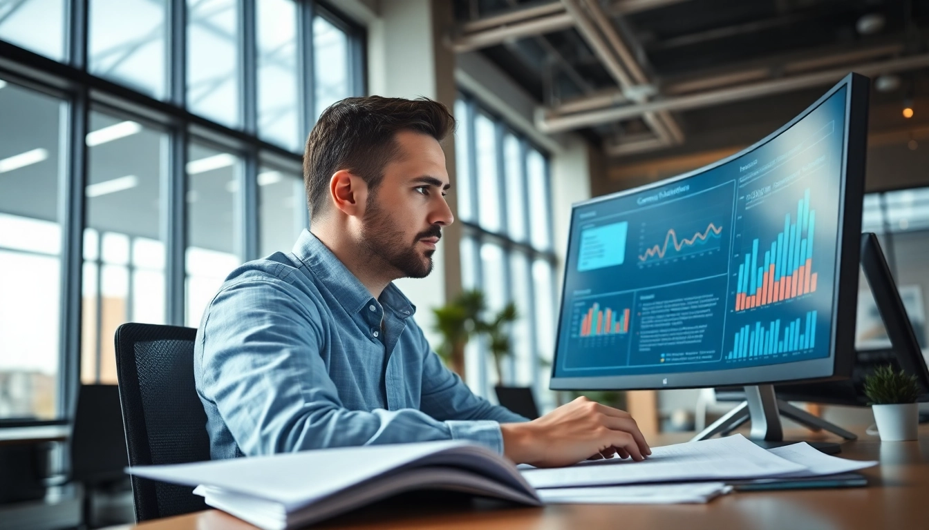 Analyze competitor customers while reviewing data in a modern office.
