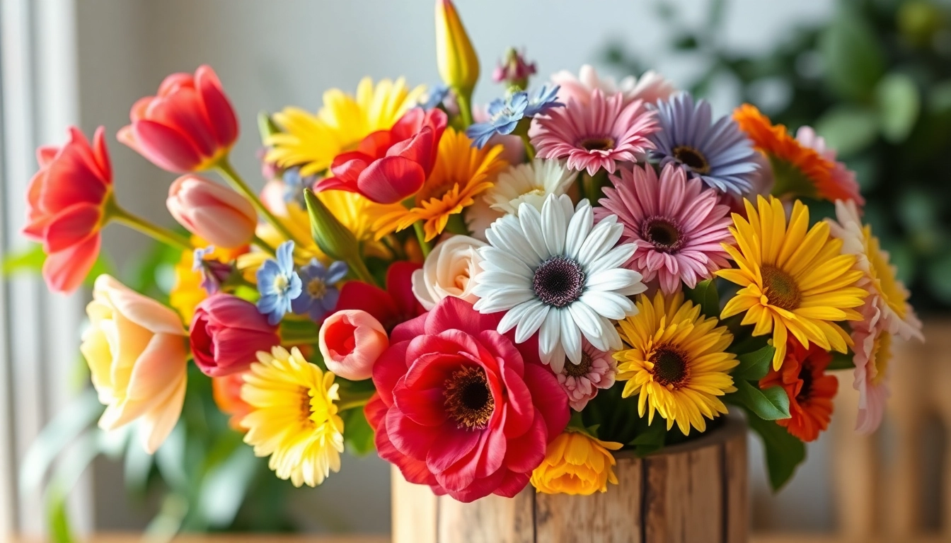 Brightly arranged Irvine flowers in a rustic vase for a cheerful floral display.