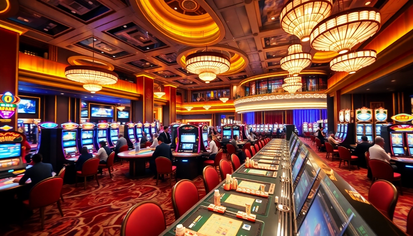 Experience the vibrant atmosphere of a Singapore casino filled with gaming tables and bright lights.