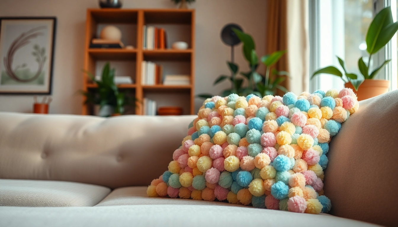 Style your space with a unique Pompom Cushion Cover featuring colorful pompom details.