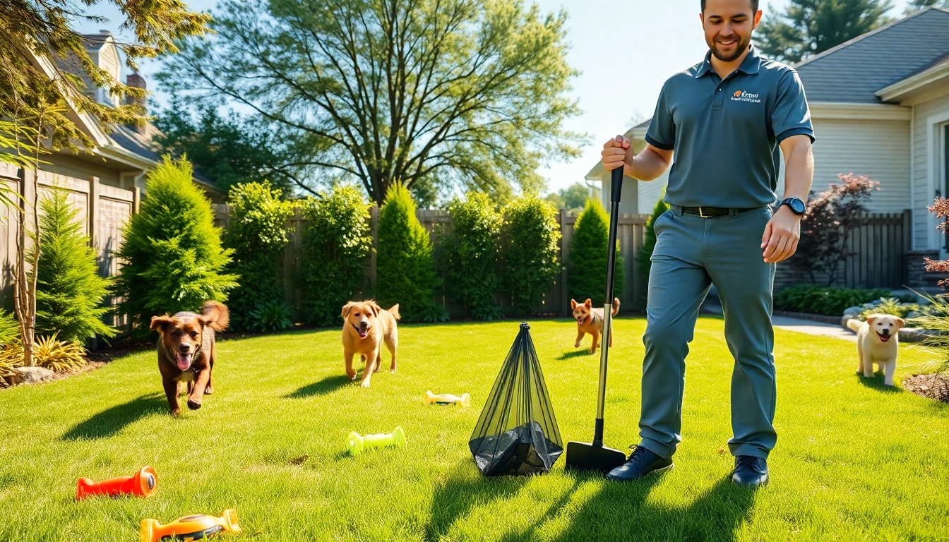 Dog clean up service technician professionally removing pet waste in a sunny backyard.
