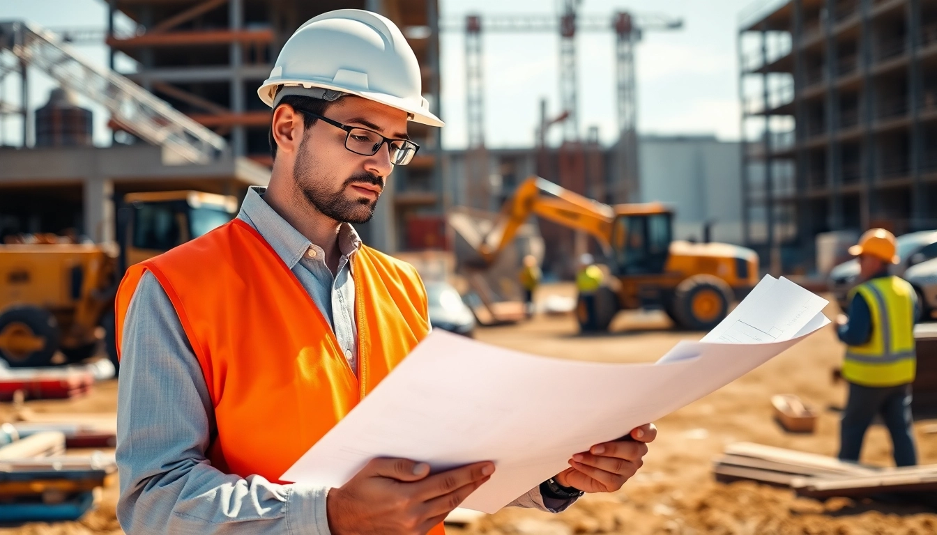 Reviewing nvq level 6 construction site management answers at a bustling construction site.