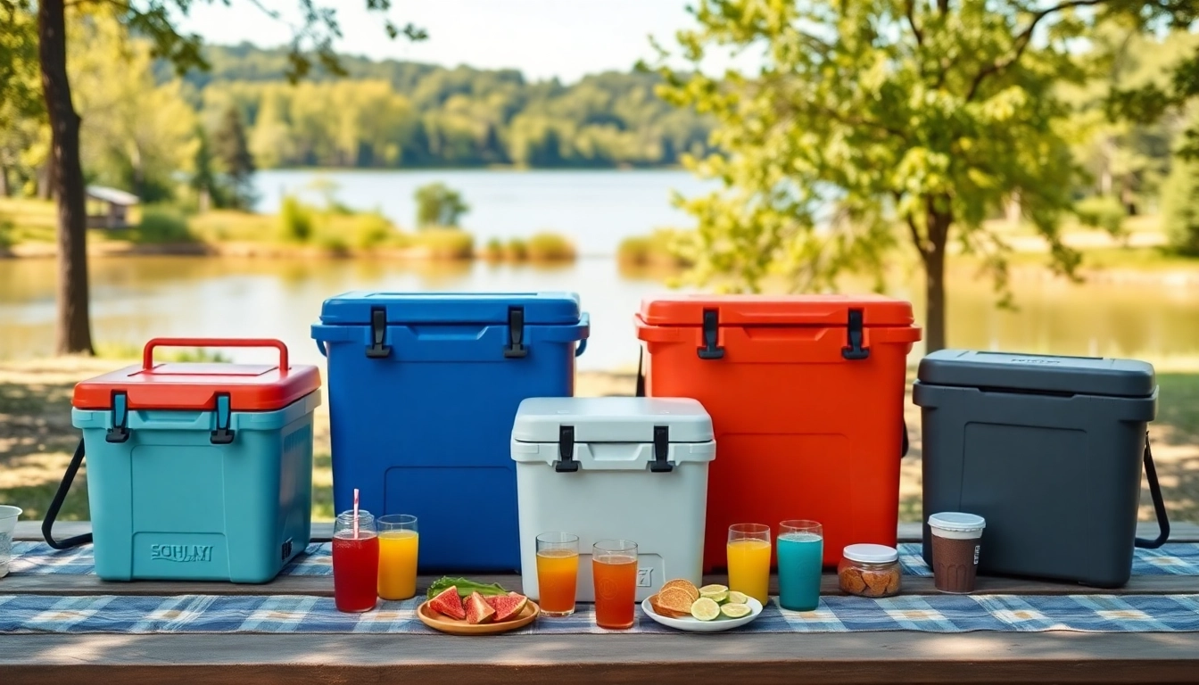 Compare coolers like yeti but cheaper showcased in a vibrant outdoor setting with snacks and drinks.