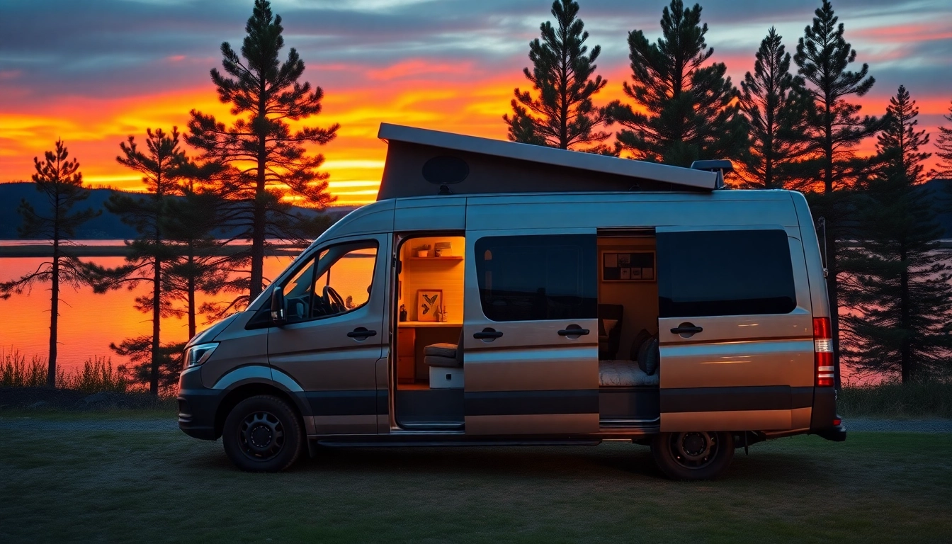 Showcase a perfect Van in a serene lakeside setting, evoking adventure and relaxation.