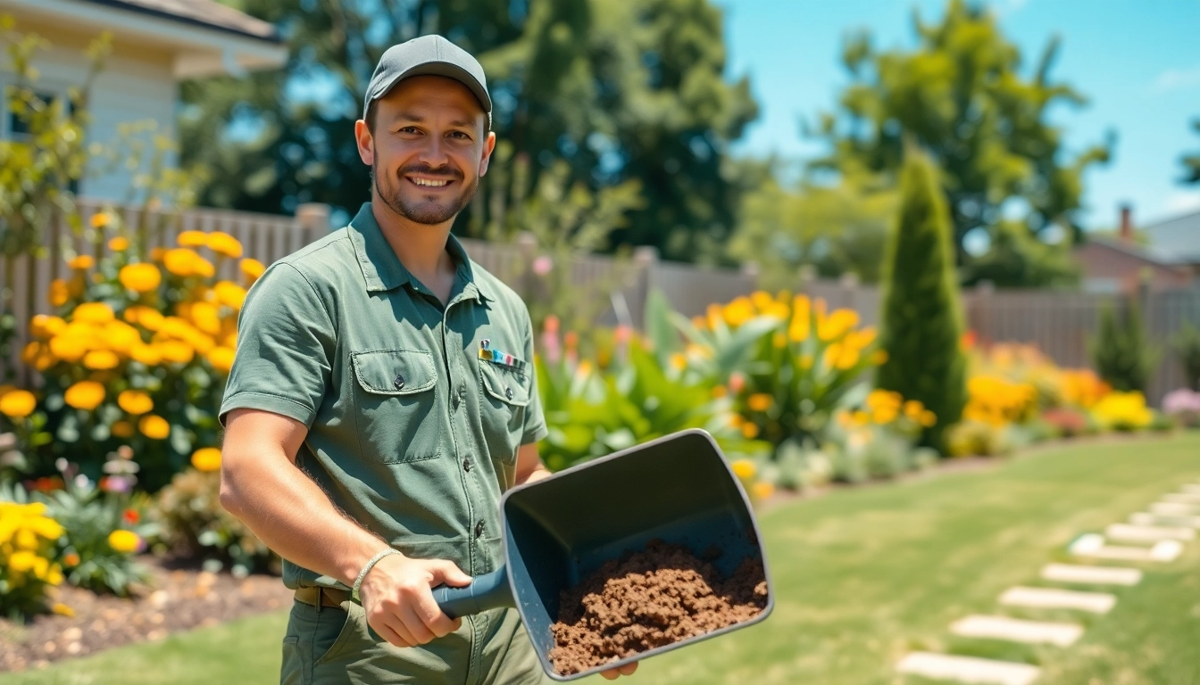 Experienced dog poop cleanup professional in a vibrant garden, ensuring a clean yard.