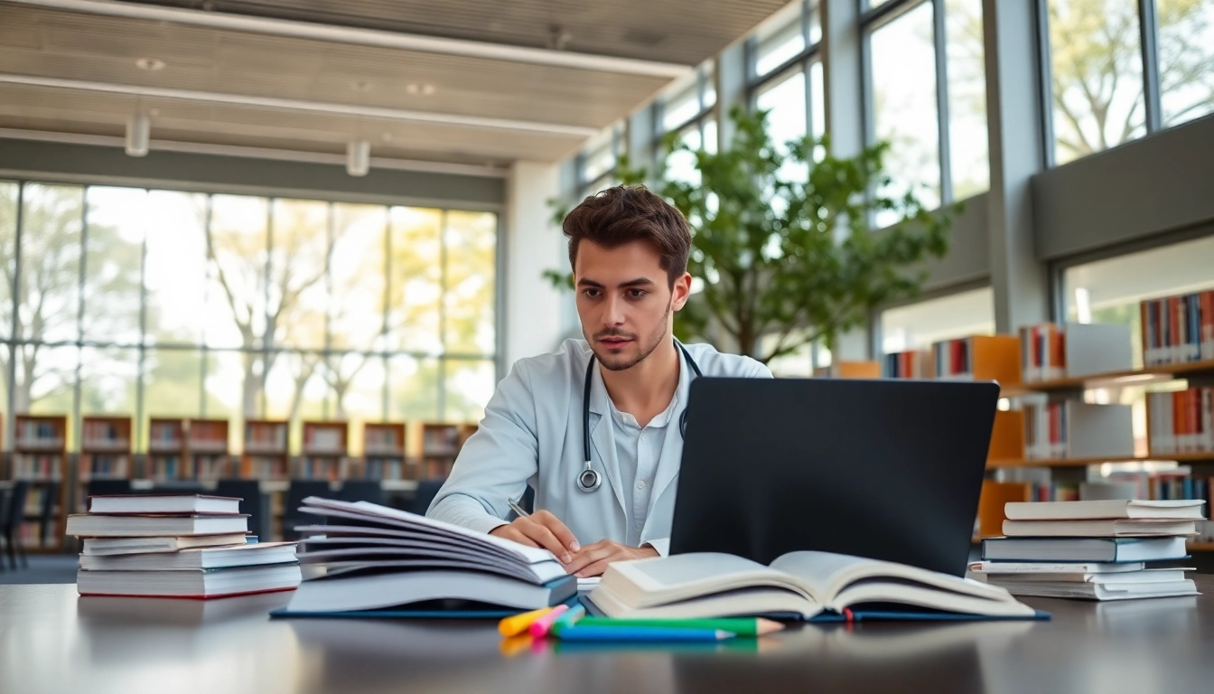 Medizinstudium ohne Test: Engagierter Student beim Lernen in moderner Bibliothek