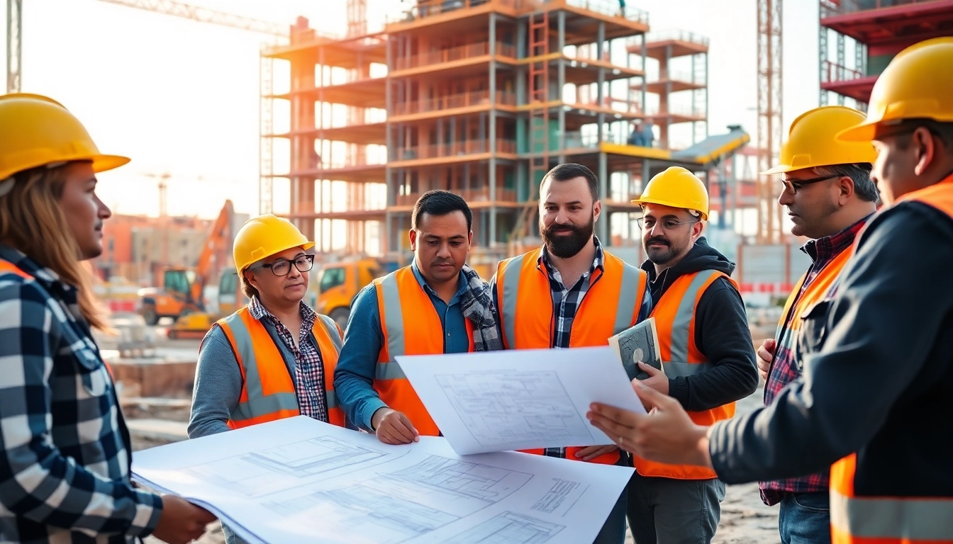 Examine NVQ Level 4 Construction site supervision answers with a diverse team on a construction site.