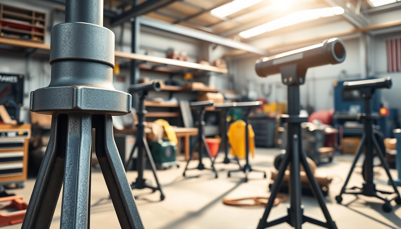 Using durable pipe stands to support heavy pipes in a well-lit workshop environment.