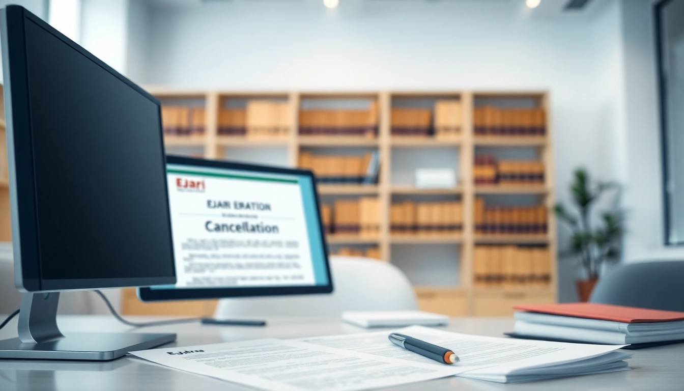 Complete Ejari cancellation process in a bright office setting with essential documents.