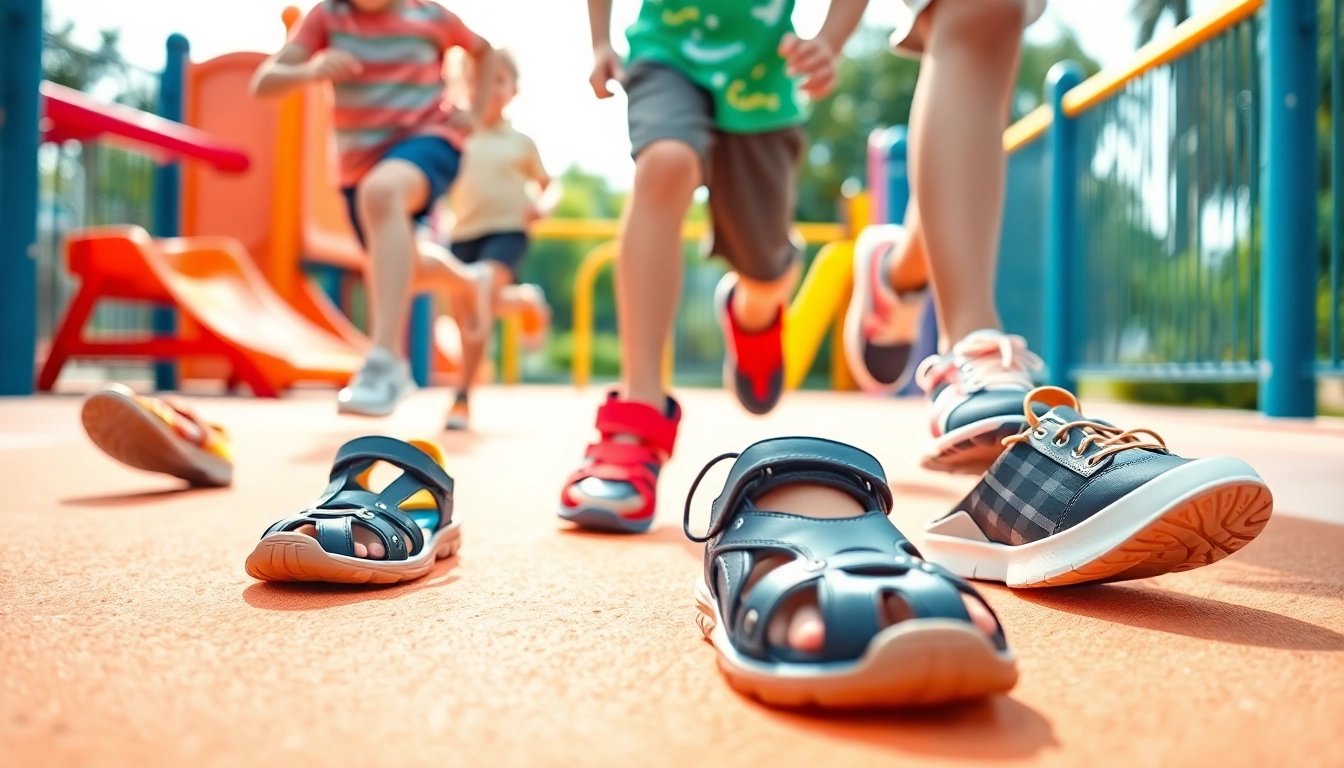 Barfußschuhe Kinder in einem bunten Spielplatz mit aktiven Kindern.
