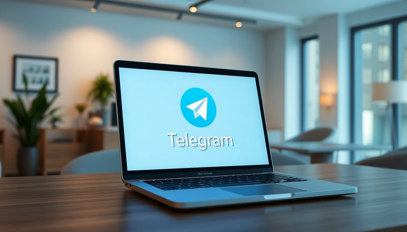 Download the telegram下载电脑版 app showcased on a stylish laptop in an inspiring workspace.