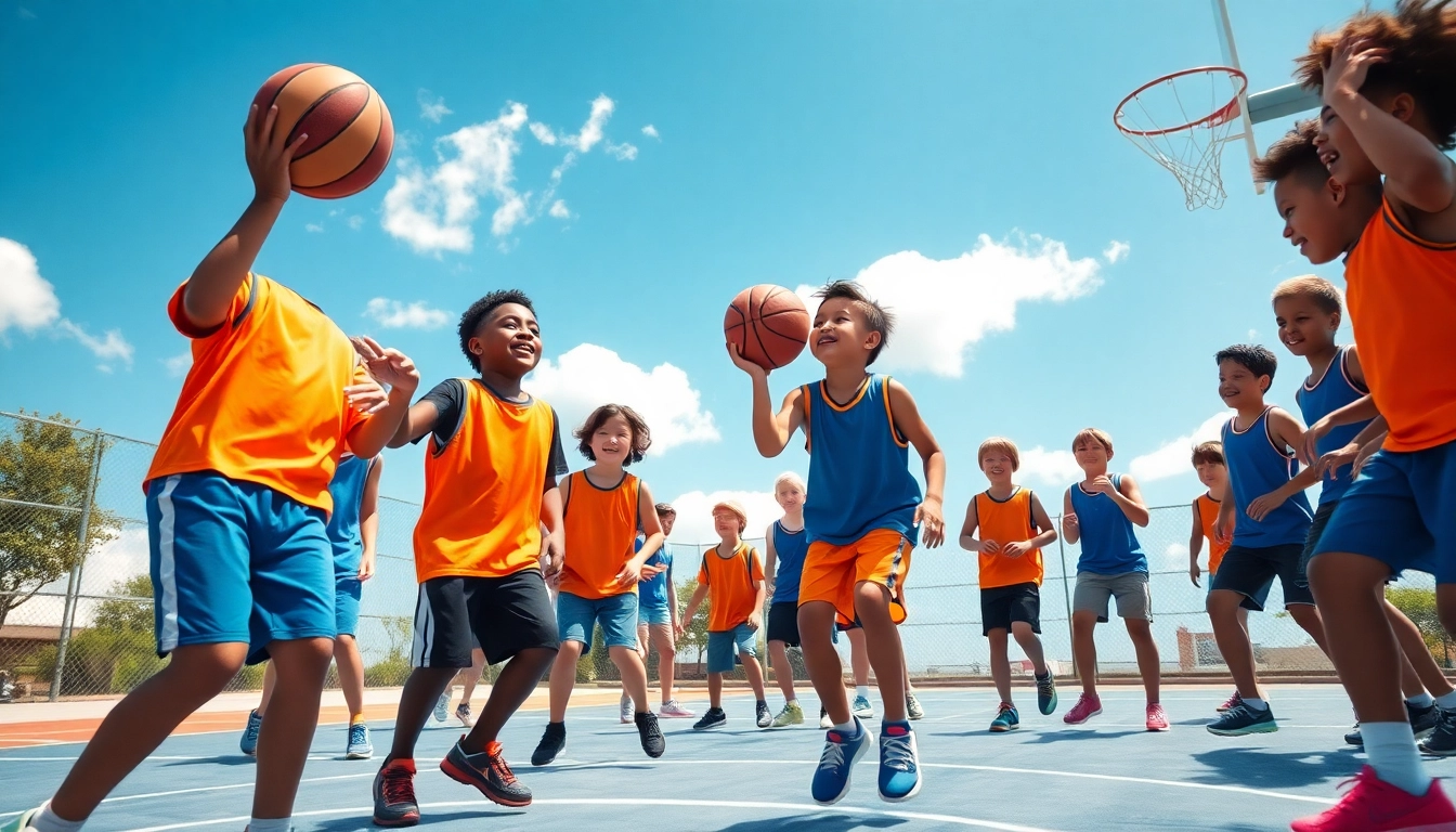 Young basketball enthusiasts enjoying a lively practice session on an outdoor court.