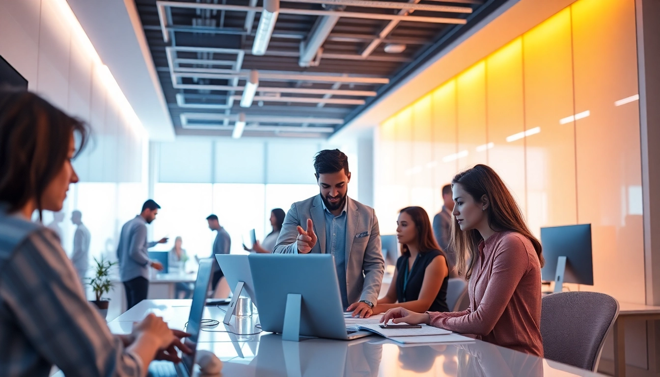 Engage with 美洽官网’s digital solutions in a vibrant, modern office setting filled with collaboration and technology.