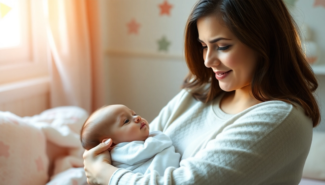 Mother reflecting emotions of baby blues vs postpartum depression while soothing her baby in a pastel nursery.
