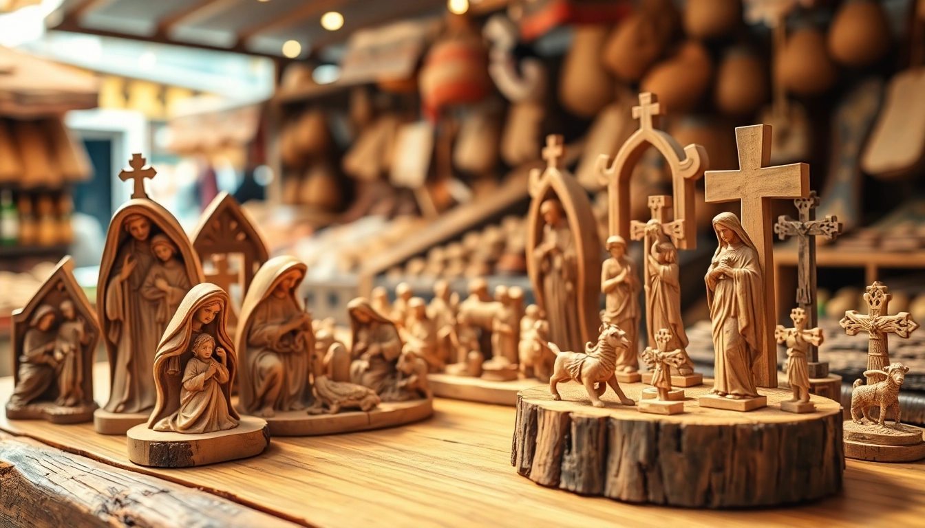 Olive wood carvings showcasing intricate details and warm tones, highlighting craftsmanship.