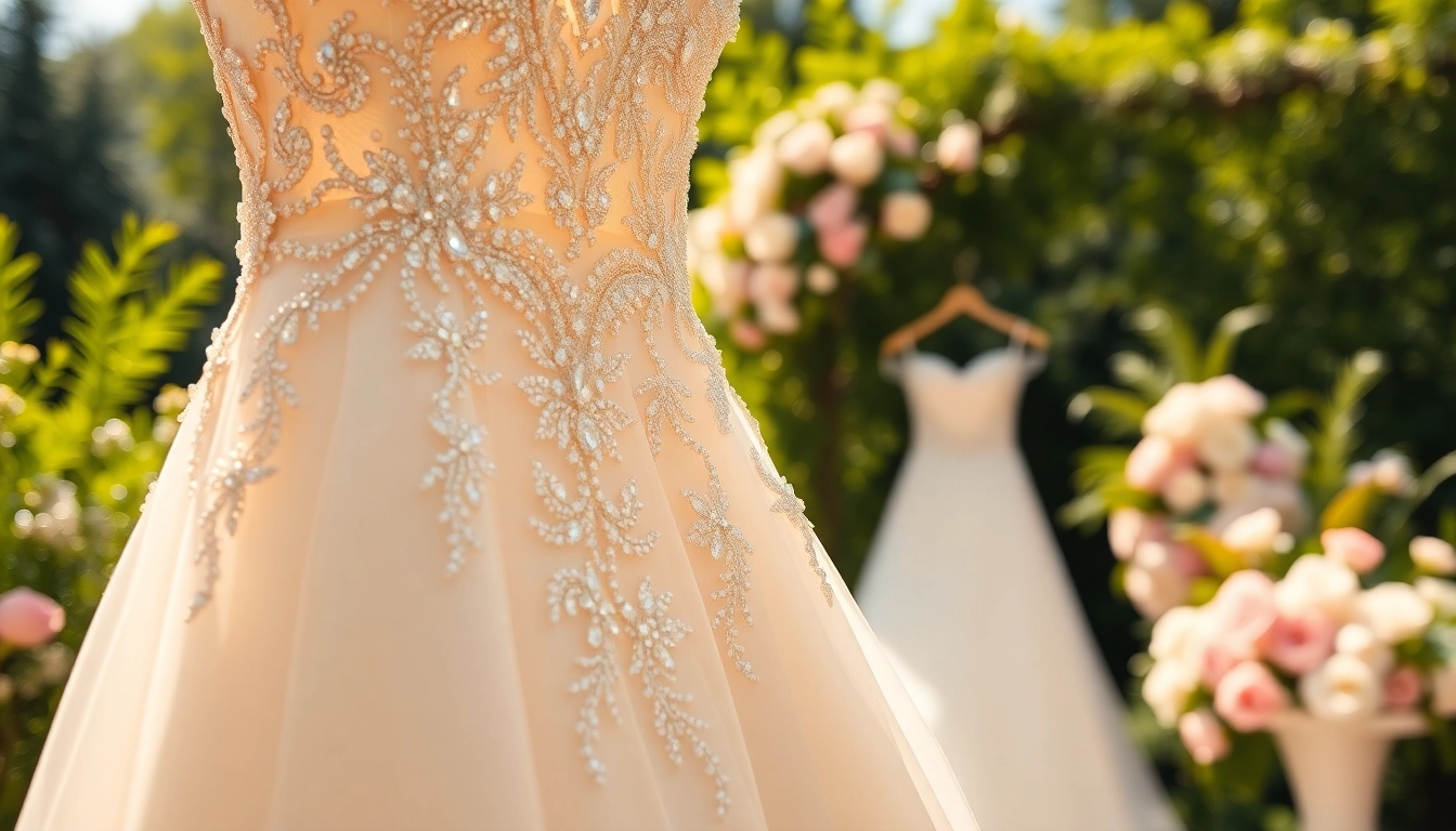 Model showcasing stunning beaded wedding dresses adorned with exquisite details in a romantic garden.