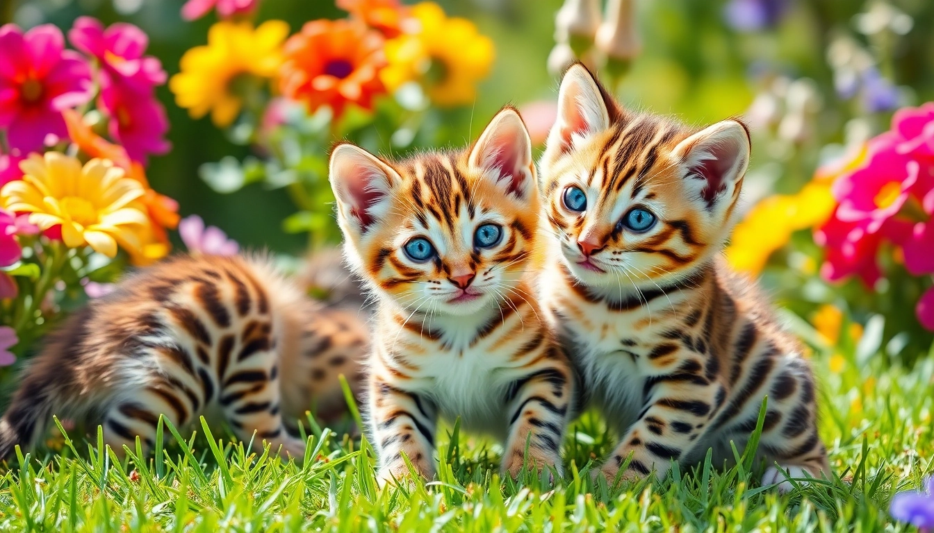 Playful Bengal Kittens for Sale enjoying a sunny garden environment filled with flowers.