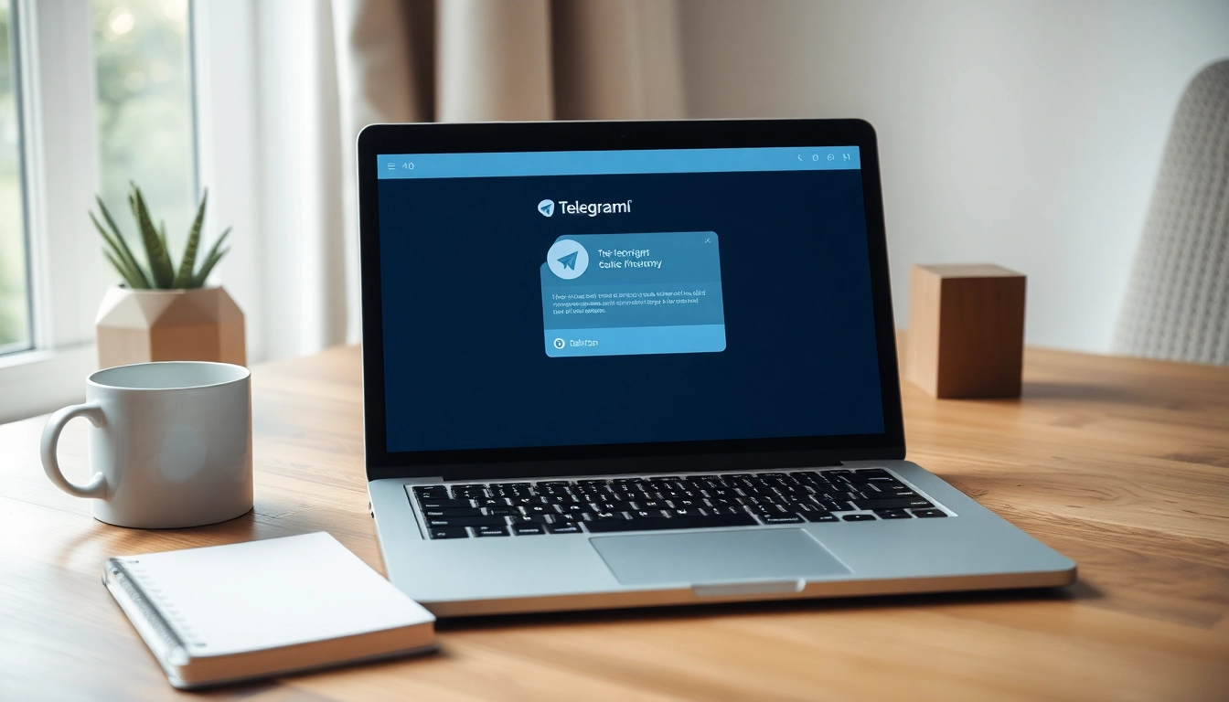 Showcase the Telegram下载电脑版 interface on a laptop amidst a cozy workspace setup with coffee.