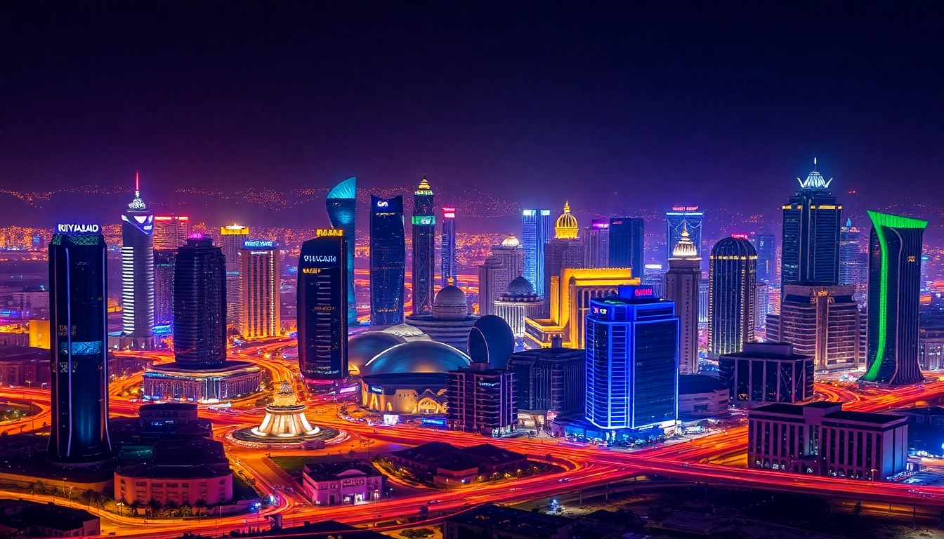 Enjoying شات الرياض at night with colorful city lights and bustling landmarks.