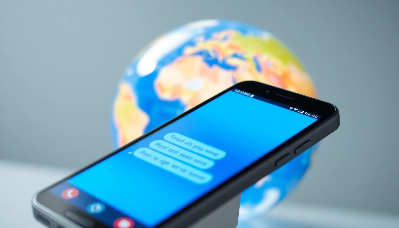 Engaging visual of smsvpa's virtual phone service on a smartphone amid global connectivity themes.