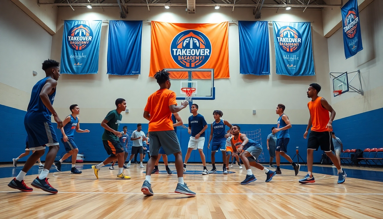 Engaged youth athletes training at the Takeover Basketball Academy, showcasing teamwork and skill development.