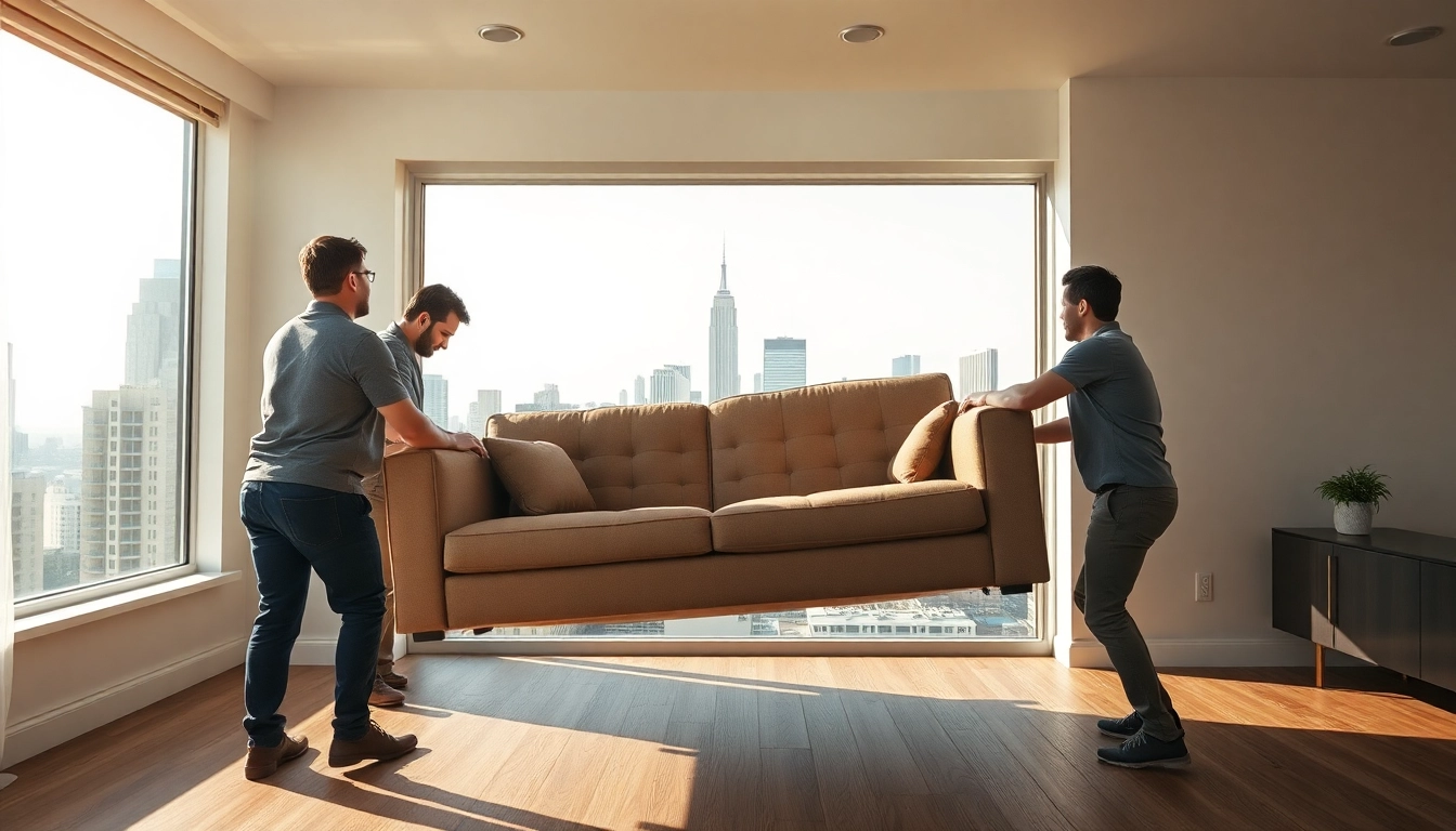 Best movers NYC expertly handling a sofa during a professional move in Manhattan's urban landscape.