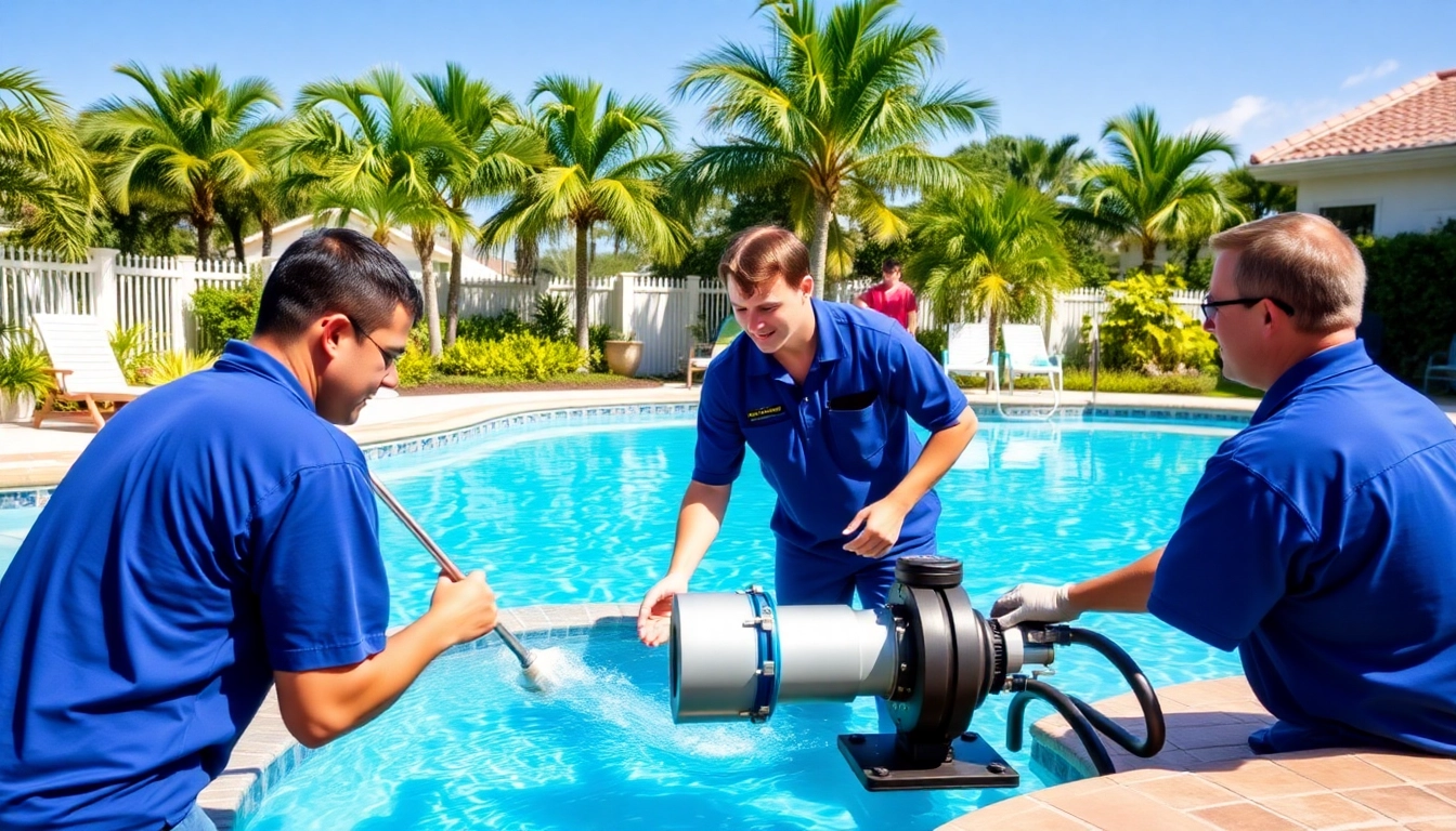 Swimming pool service Pinellas County with technicians maintaining a sparkling blue pool.