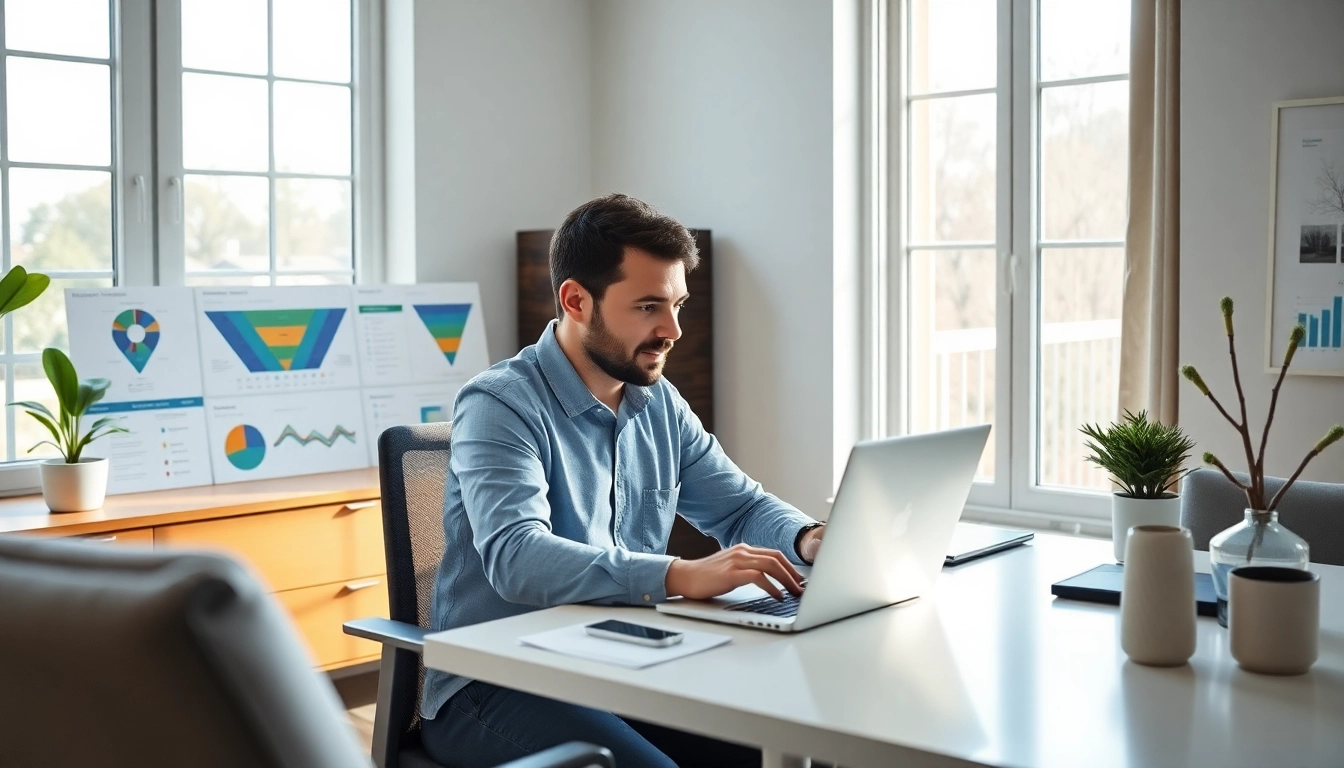 Highlighting the best funnel templates for coaches, a coach works diligently in a modern home office.